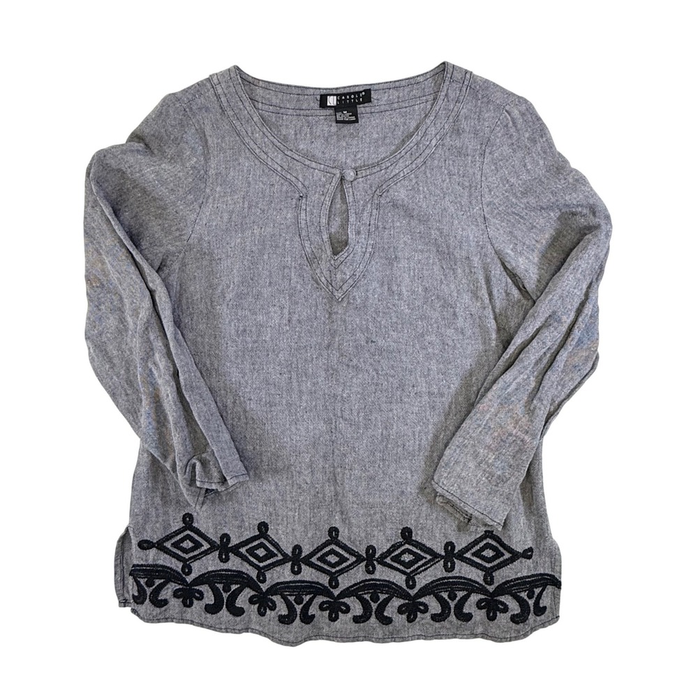 Carole Little Womens Grey 100% Linen Embroidered Tunic Blouse Top Size M